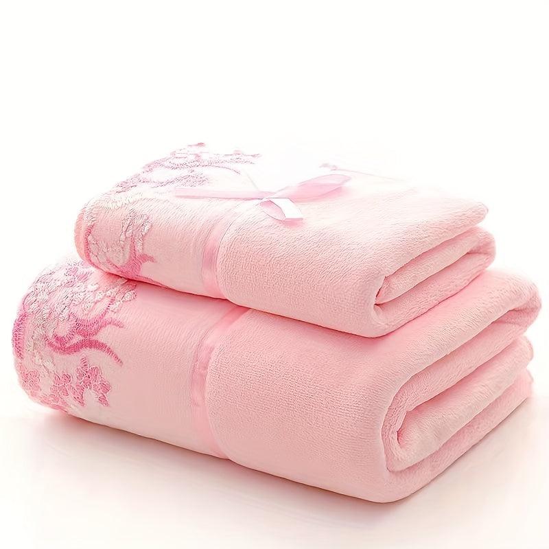 2pcs Embroidered Towel Set Soft Quick Dry Absorbent Towels for Bathroom