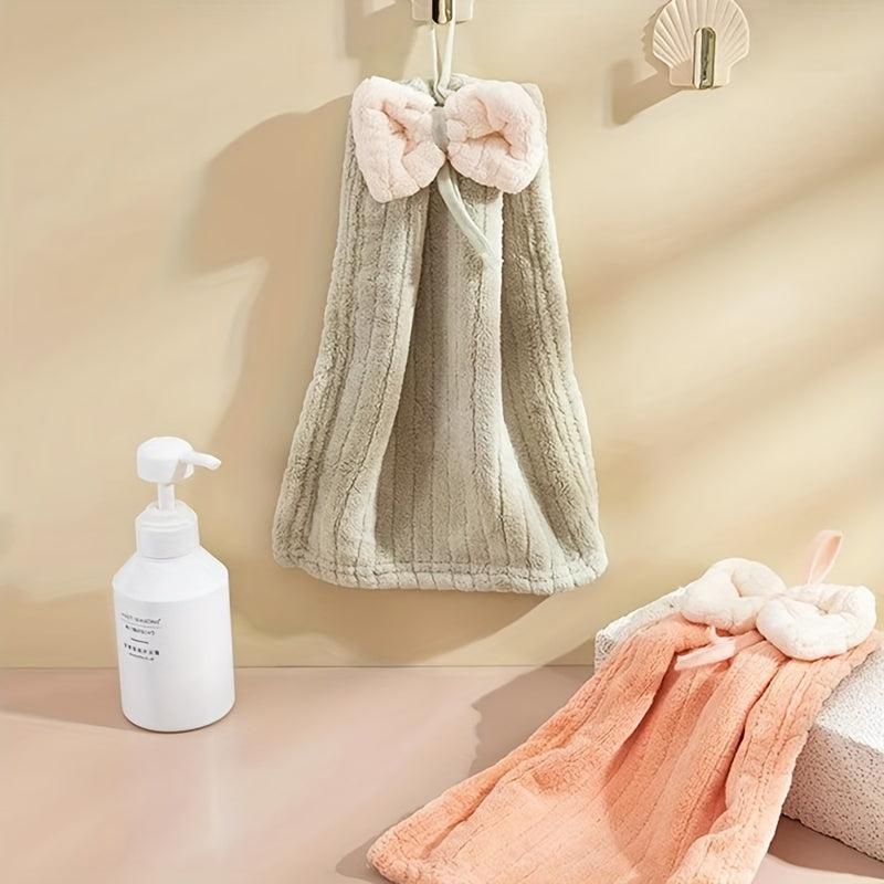 Coral Fleece Bow Decor Fingertip Towel Hanging Loop for Bathroom