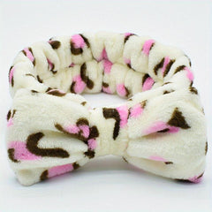 Leopard Bow Decor Headband Coral Velvet Bath Headband