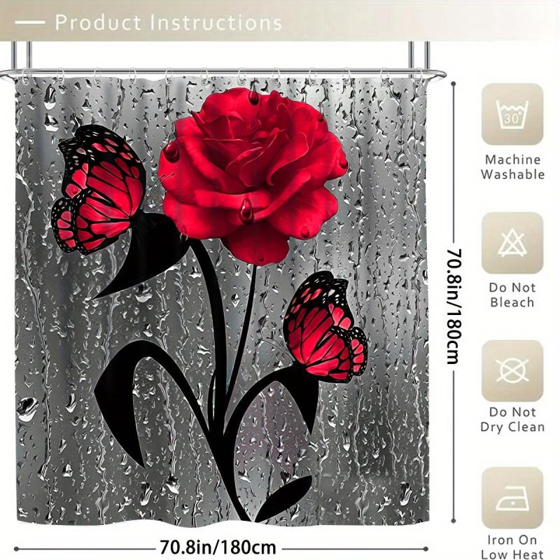 Rose Waterproof Bathmat & Shower Curtain Flowers Pattern Bath Curtain
