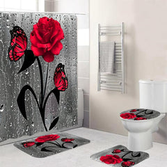Rose Waterproof Bathmat & Shower Curtain Flowers Pattern Bath Curtain