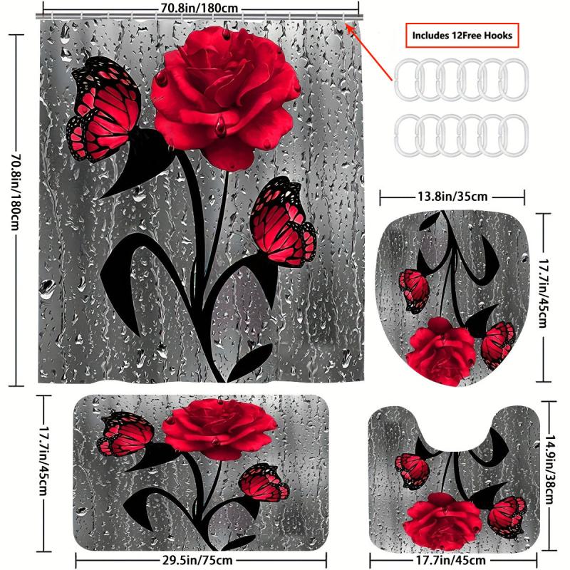 Rose Waterproof Bathmat & Shower Curtain Flowers Pattern Bath Curtain