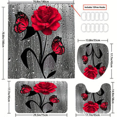 Rose Waterproof Bathmat & Shower Curtain Flowers Pattern Bath Curtain