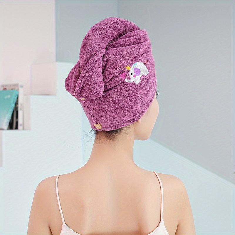 Embroidered Hair Towel Soft Hair Drying Cap With Button
