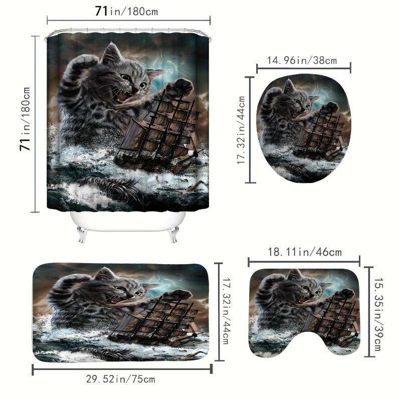 Waterproof Cat Shower Curtain Set with Non-Slip Bathroom Rug - 71x71 Inches