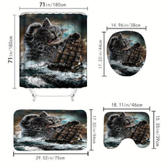Waterproof Cat Shower Curtain Set with Non-Slip Bathroom Rug - 71x71 Inches