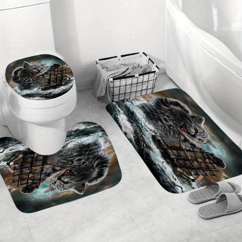 Waterproof Cat Shower Curtain Set with Non-Slip Bathroom Rug - 71x71 Inches