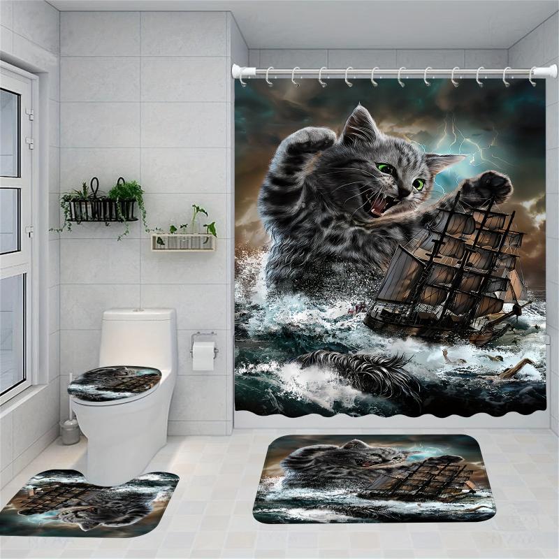 Waterproof Cat Shower Curtain Set with Non-Slip Bathroom Rug - 71x71 Inches