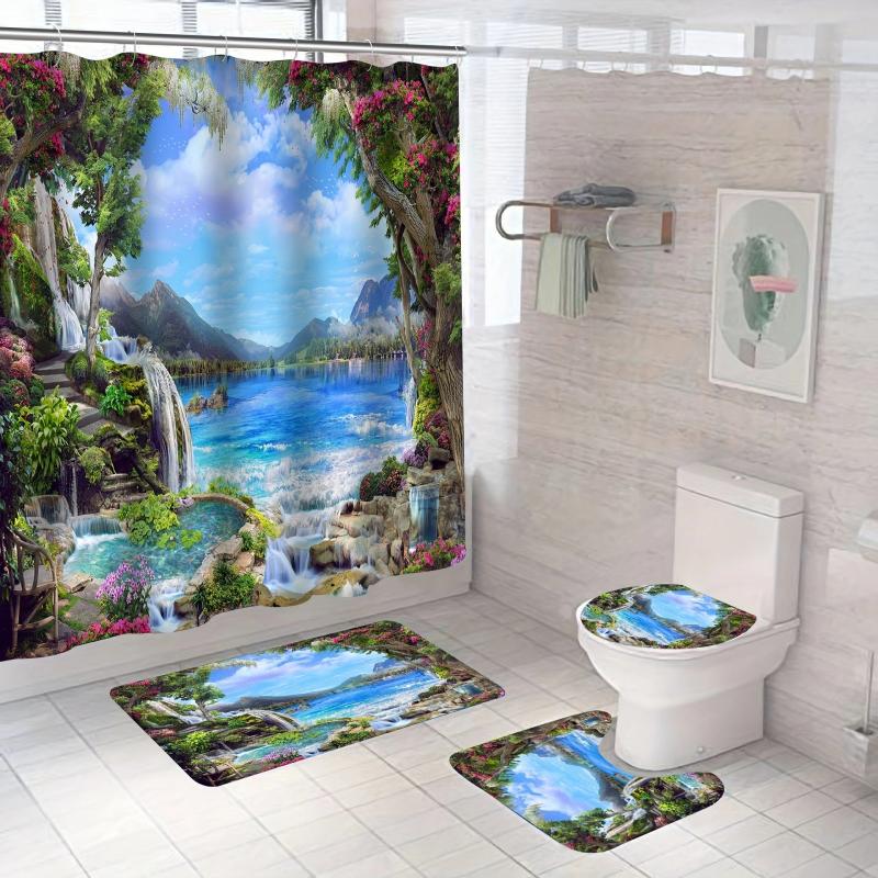 Landscape Shower Curtain & Mats Set with Hooks