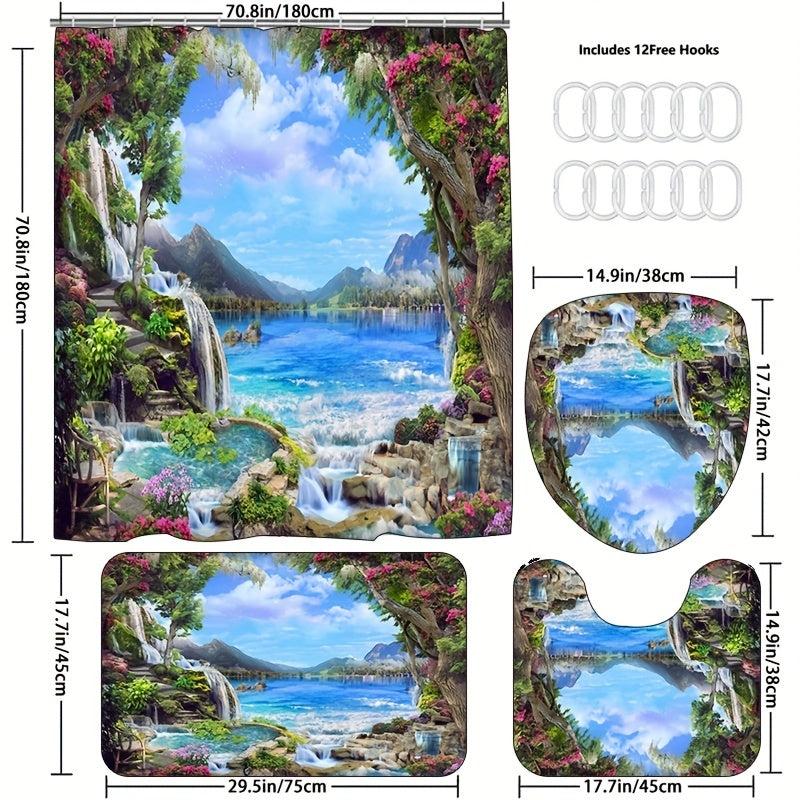 Landscape Shower Curtain & Mats Set with Hooks