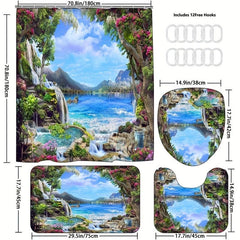 Landscape Shower Curtain & Mats Set with Hooks