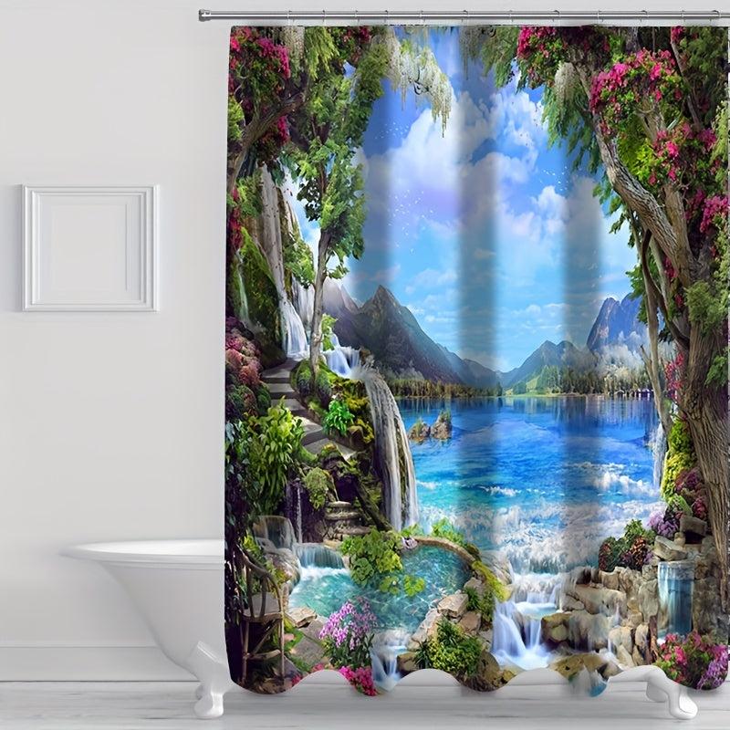 Landscape Shower Curtain & Mats Set with Hooks