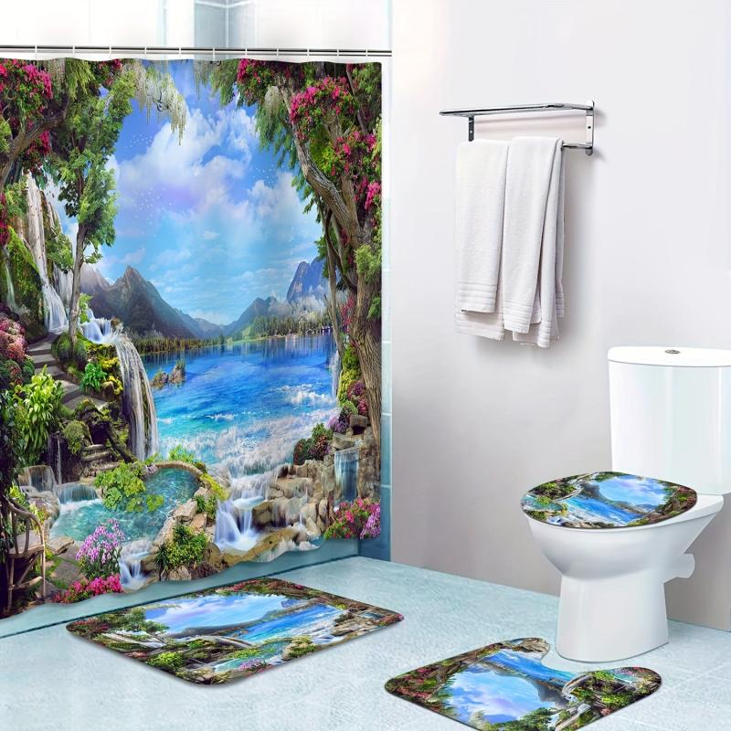 Landscape Shower Curtain & Mats Set with Hooks