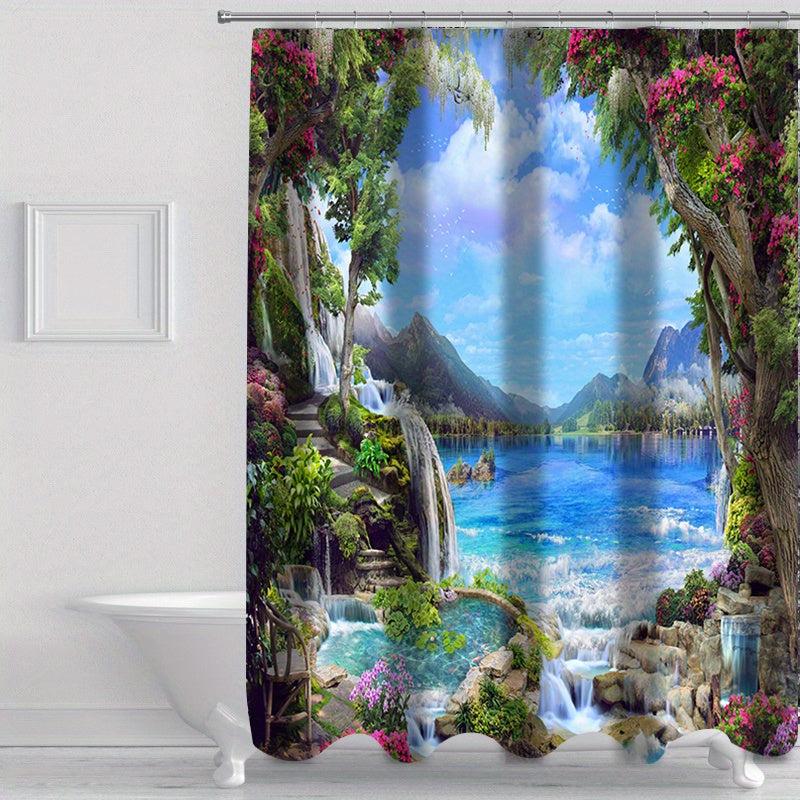 Landscape Shower Curtain & Mats Set with Hooks