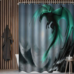 4pcs Waterproof Dragon Shower Curtain Set Flying Green Dragon Bath Mat