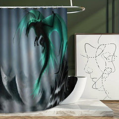 4pcs Waterproof Dragon Shower Curtain Set Flying Green Dragon Bath Mat