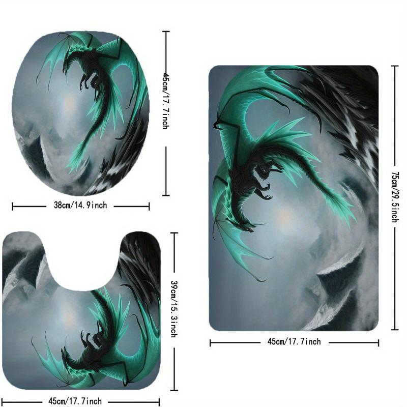 4pcs Waterproof Dragon Shower Curtain Set Flying Green Dragon Bath Mat