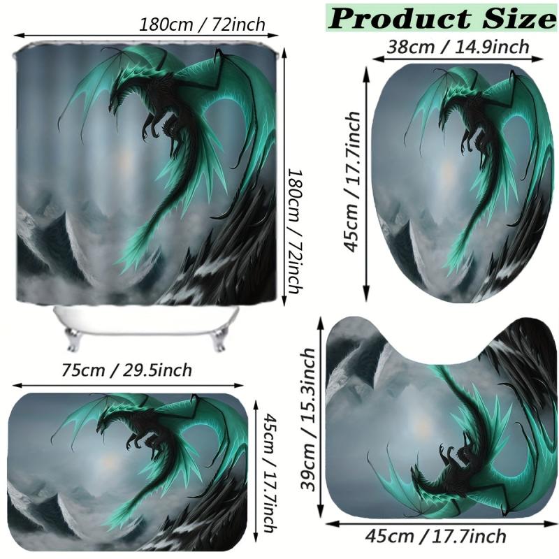 4pcs Waterproof Dragon Shower Curtain Set Flying Green Dragon Bath Mat
