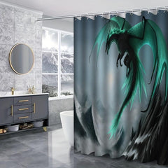 4pcs Waterproof Dragon Shower Curtain Set Flying Green Dragon Bath Mat