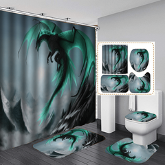 4pcs Waterproof Dragon Shower Curtain Set Flying Green Dragon Bath Mat