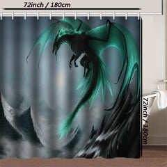 4pcs Waterproof Dragon Shower Curtain Set Flying Green Dragon Bath Mat