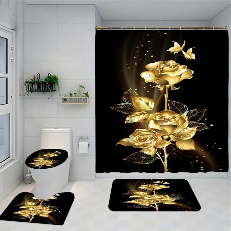 Golden Flower Shower Curtain Set with Bathroom Rug and Mat