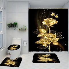 Golden Flower Shower Curtain Set with Bathroom Rug and Mat