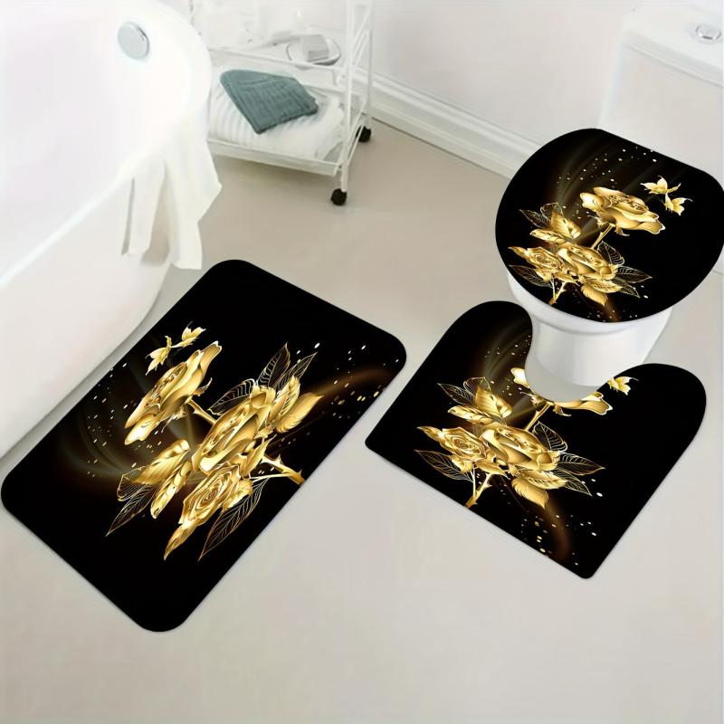 Golden Flower Shower Curtain Set with Bathroom Rug and Mat