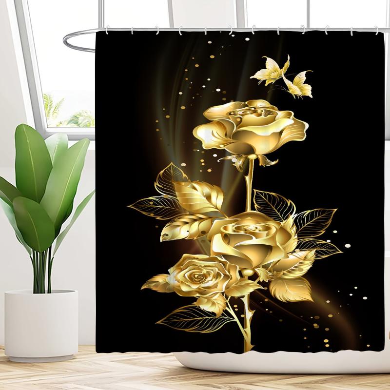 Golden Flower Shower Curtain Set with Bathroom Rug and Mat