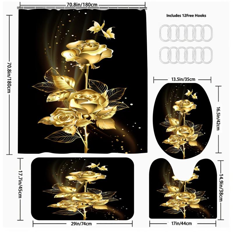 Golden Flower Shower Curtain Set with Bathroom Rug and Mat