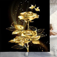 Golden Flower Shower Curtain Set with Bathroom Rug and Mat