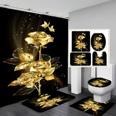 Golden Flower Shower Curtain Set with Bathroom Rug and Mat