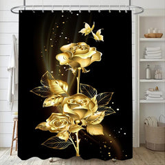 Golden Flower Shower Curtain Set with Bathroom Rug and Mat
