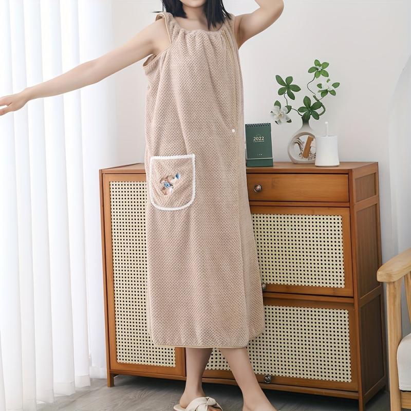 Women's Shower Dress Wearable Bath Wrap Towels With Patched Pocket