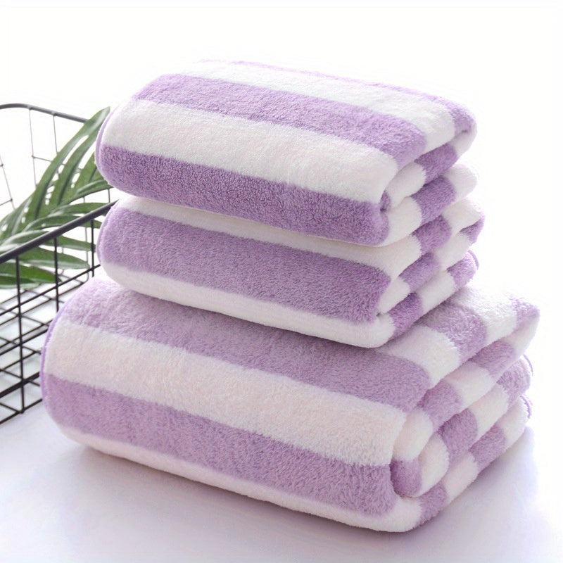 3pcs Soft Striped Towel Set - 2 Towels & 1 Bath Towel - Sports, Beach, Bathroom