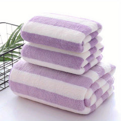 3pcs Soft Striped Towel Set - 2 Towels & 1 Bath Towel - Sports, Beach, Bathroom