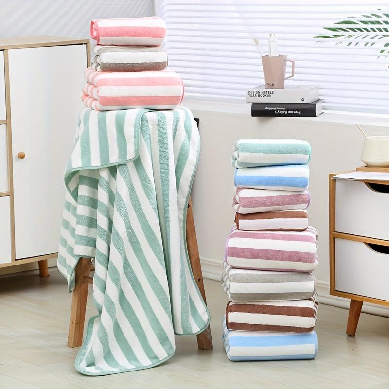 3pcs Soft Striped Towel Set - 2 Towels & 1 Bath Towel - Sports, Beach, Bathroom