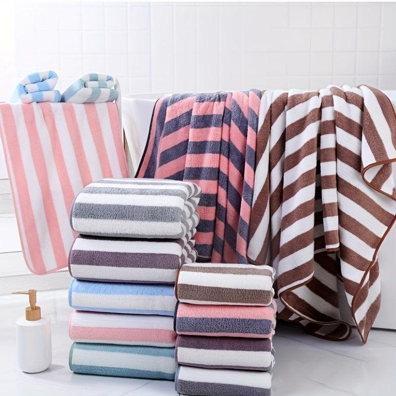 3pcs Soft Striped Towel Set - 2 Towels & 1 Bath Towel - Sports, Beach, Bathroom