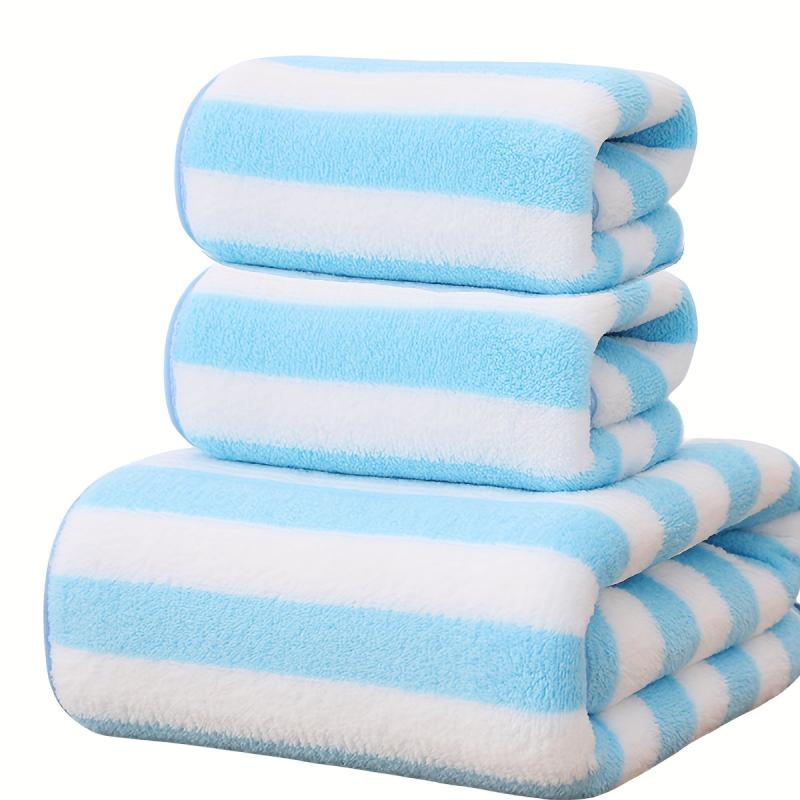 3pcs Soft Striped Towel Set - 2 Towels & 1 Bath Towel - Sports, Beach, Bathroom