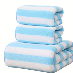 3pcs Soft Striped Towel Set - 2 Towels & 1 Bath Towel - Sports, Beach, Bathroom