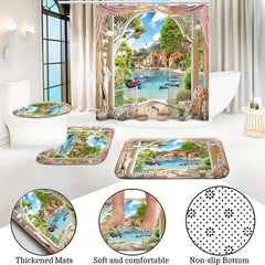 1/3/4pcs Landscape Shower Curtain Set with Bathroom Non Slip Mat and Toilet Rug