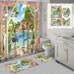 1/3/4pcs Landscape Shower Curtain Set with Bathroom Non Slip Mat and Toilet Rug