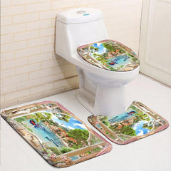 1/3/4pcs Landscape Shower Curtain Set with Bathroom Non Slip Mat and Toilet Rug