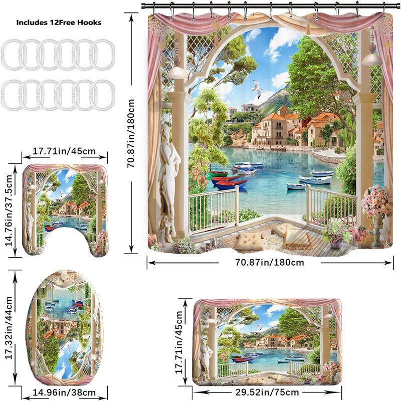 1/3/4pcs Landscape Shower Curtain Set with Bathroom Non Slip Mat and Toilet Rug