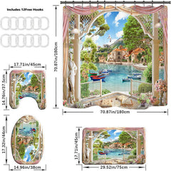 1/3/4pcs Landscape Shower Curtain Set with Bathroom Non Slip Mat and Toilet Rug