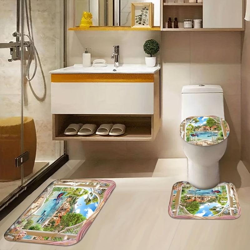 1/3/4pcs Landscape Shower Curtain Set with Bathroom Non Slip Mat and Toilet Rug