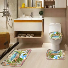 1/3/4pcs Landscape Shower Curtain Set with Bathroom Non Slip Mat and Toilet Rug