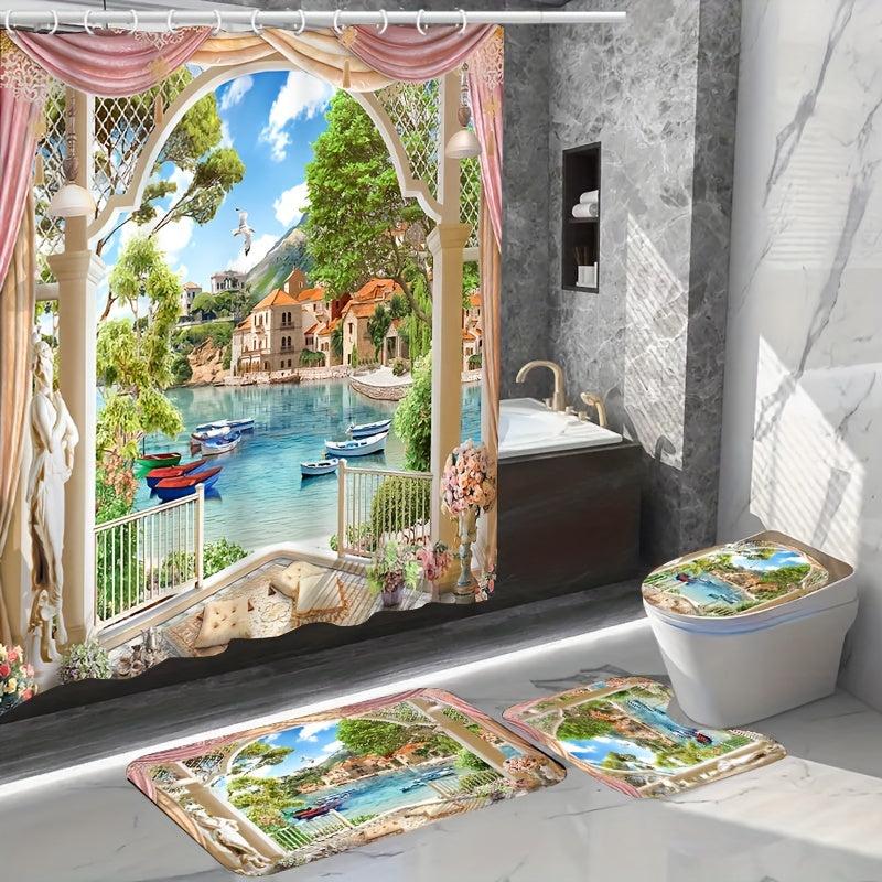 1/3/4pcs Landscape Shower Curtain Set with Bathroom Non Slip Mat and Toilet Rug