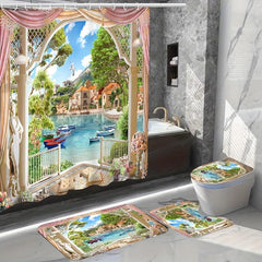 1/3/4pcs Landscape Shower Curtain Set with Bathroom Non Slip Mat and Toilet Rug