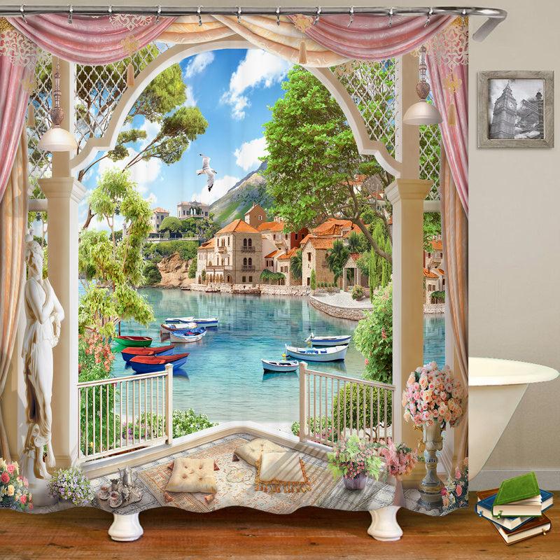 1/3/4pcs Landscape Shower Curtain Set with Bathroom Non Slip Mat and Toilet Rug